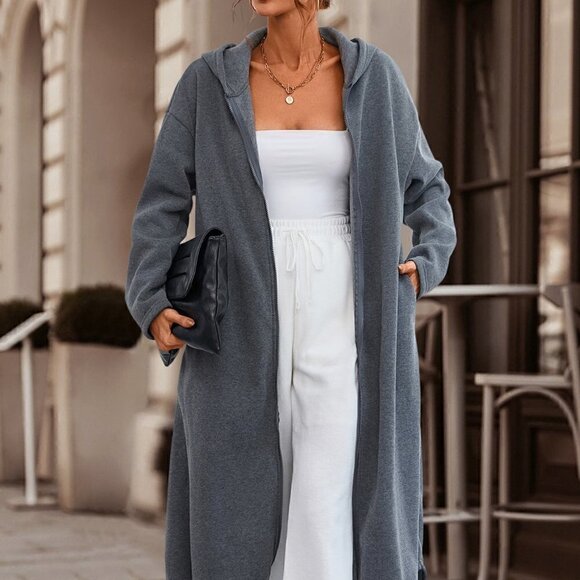 Dark Grey Casual Womens Drop Shoulder Drawstring Hem Zip Up Hoodie - Picture 2 of 7